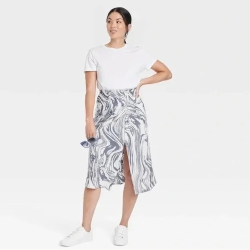 *NWT* a new day Marble-Print Midi Skirt in White & Gray with Front Slit Size L